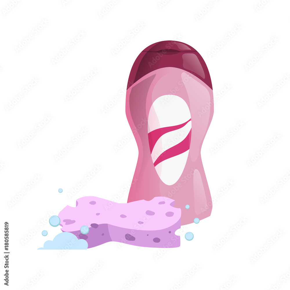 Trendy cartoon pink bottle with shampoo or shower gel. Sponge with foam. Hygiene and hair care vector illustration Trendy cartoon pink bottle with shampoo or shower gel. Sponge with foam. Hygiene and hair care vector illustration