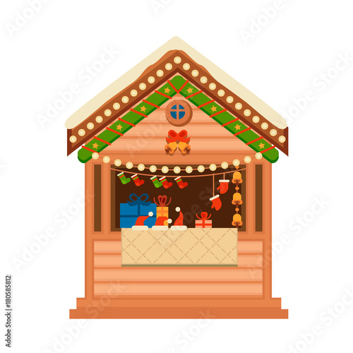 Christmas wooden souvenir kiosk illustration.