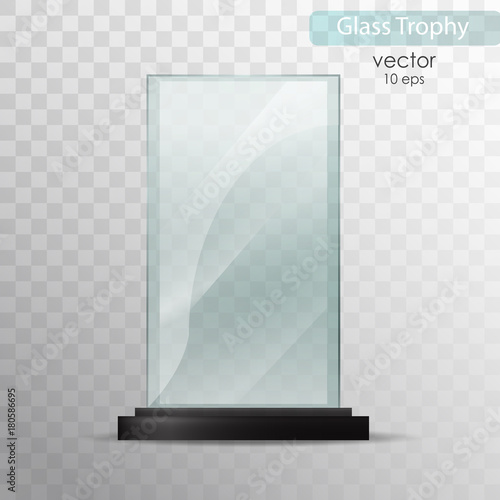 Glass plate. Glass Trophy Award. Vector illustration isolated on transparent background. Realistic 3D design. Realistic vector transparent object 10 eps.