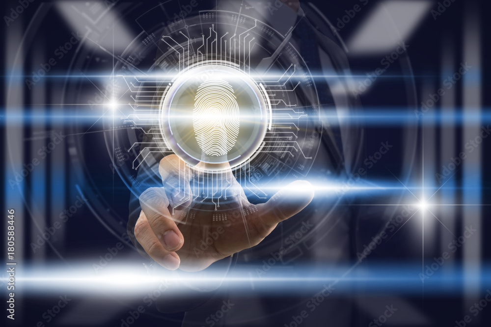 Businessman Fingerprint scan for support security access with biometrics identificationover the light from blurred server room background,Cyber Security Protection support Technology Privacy concept Businessman Fingerprint scan for support security access with biometrics identificationover the light from blurred server room background,Cyber Security Protection support Technology Privacy concept