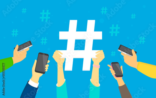 Hashtag concept vector illustration of young men and women using smartphones happy to reposting and publishing new trends in social network. Flat human hands hold big hashtag sign on blue background