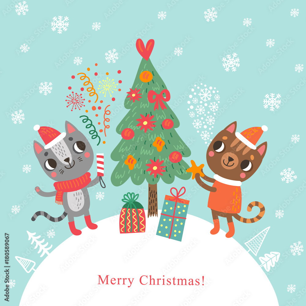 Fototapeta premium Christmas card. Christmas tree and cats