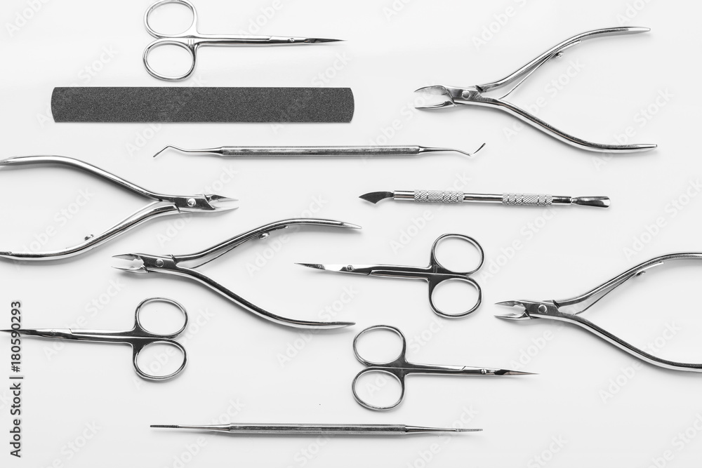 professional manicure tools on a white background.