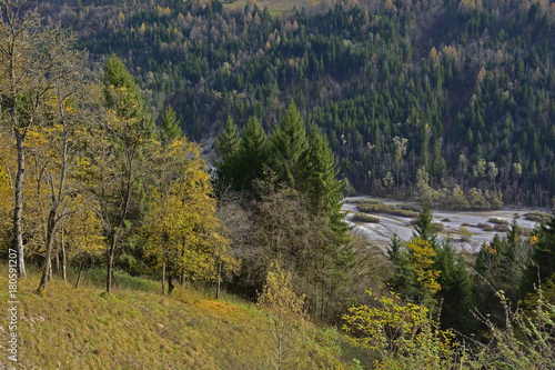 The autumn landscape around the small hill village of Erto in Friuli Venezia Giulia, north east Italy.