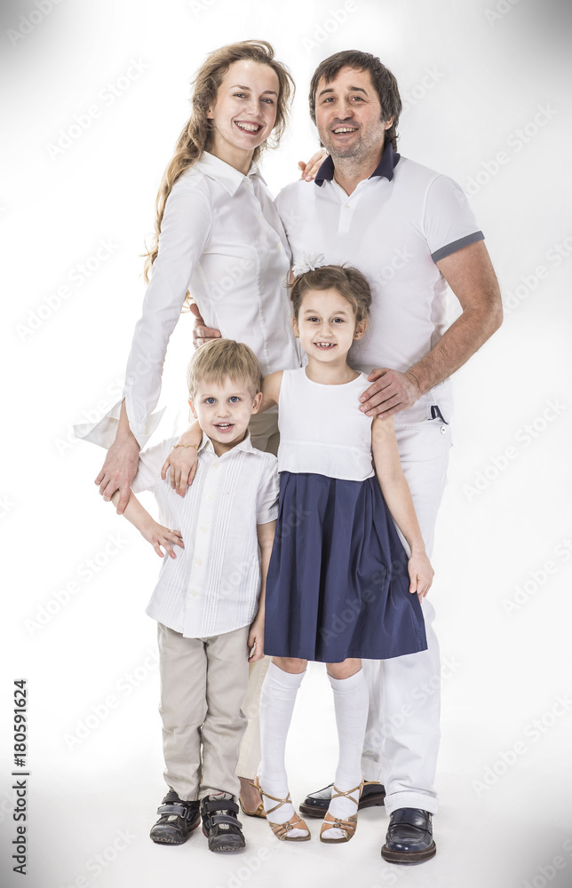 family portrait: parents with daughter and son on white background family portrait: parents with daughter and son on white background