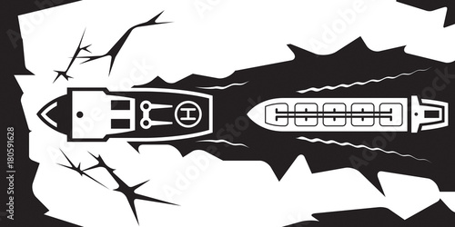 Icebreaker makes water  canal for tanker - vector illustration