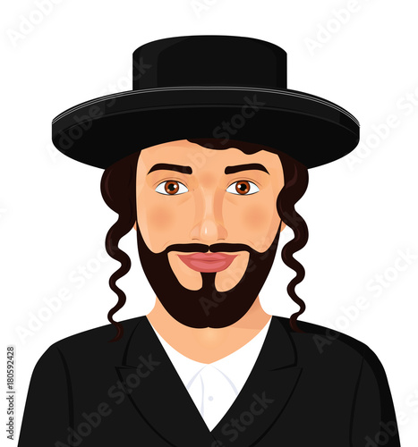 Orthodox jewish man portrait with hat in a black suit jerusalem israel avatar style vector Illustration isolated on white background.
