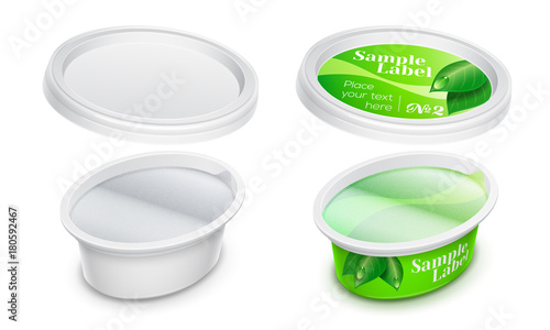 Vector labeled oval plastic container with foil. Packaging mockup illustration.