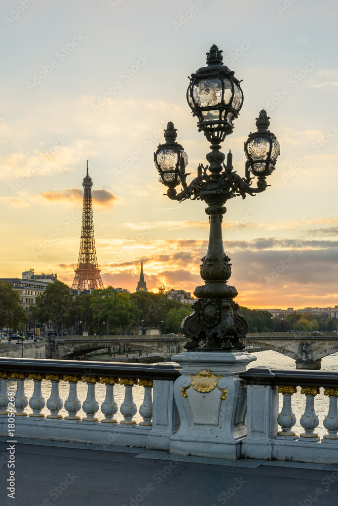 Fototapeta premium One of the Art Nouveau style street lights of the Alexander III bridge in Paris with the Eiffel Tower in the background at sunset.