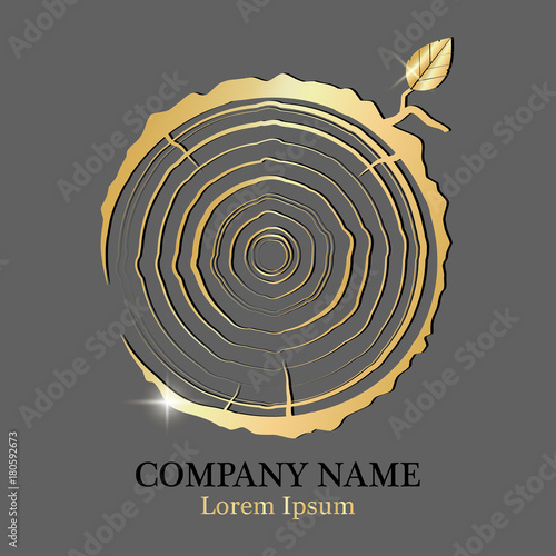 Golden cross-section of the trunk with tree rings. Wood icon. Rings of tree growth. flat icon. Vector illustration. Logo.