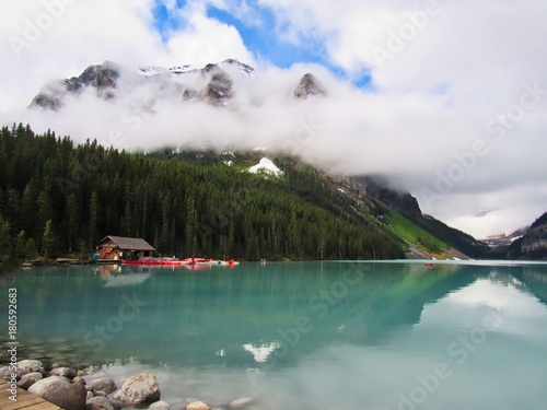 Cabin with canoes at Lake Louise, Alberta, Canada