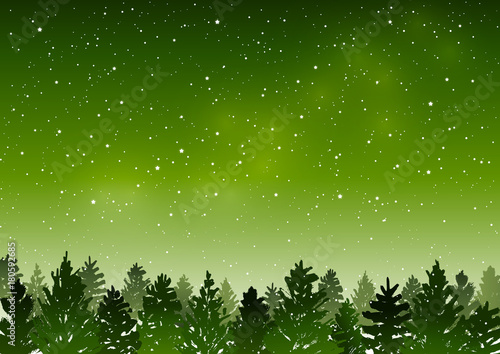 Green landscape with coniferous forest on starry sky background