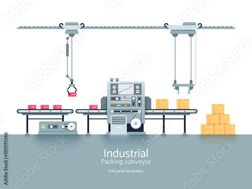 Industrial production factory conveyor flat vector illustration