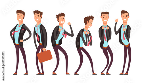 Businessman in different emotional states fear, anger, joy, annoyance, depression, contentment. Vector cartoon charecters set