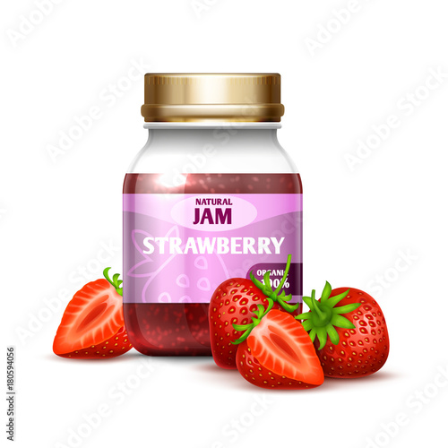 Closeup glass jar with strawberry jam and berries isolated on white background