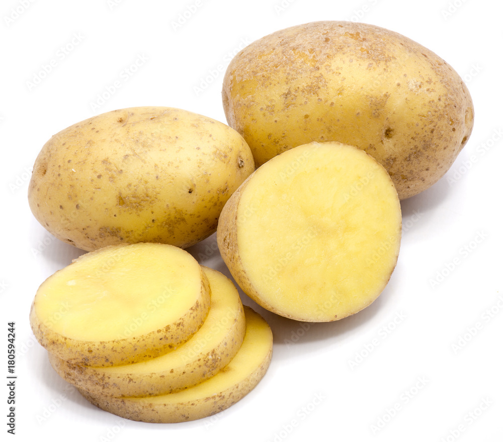Two whole and sliced potato isolated on white background. Two whole and sliced potato isolated on white background.