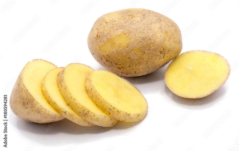 One whole potato with slices isolated on white background. One whole potato with slices isolated on white background.