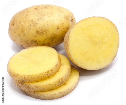 One whole, sliced potato and a half isolated on white background.