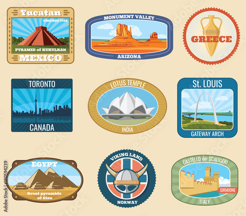 World famous international landmarks vector vintage travel stickers