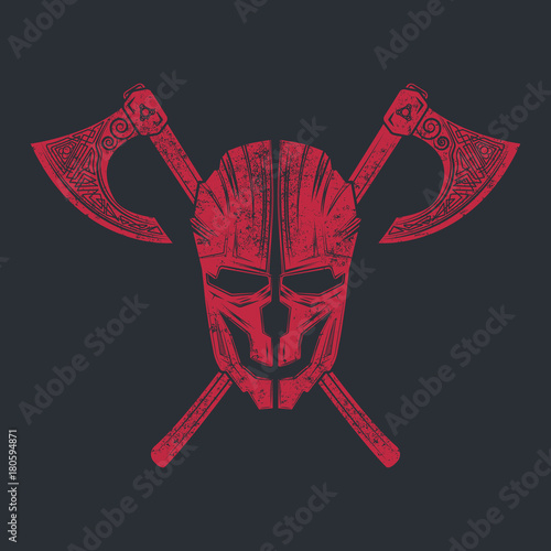 Helmet in the form of a skull with scratches and grunge. Two crossed axes. Ghost warrior. Isolated on background. Logo, badge, e