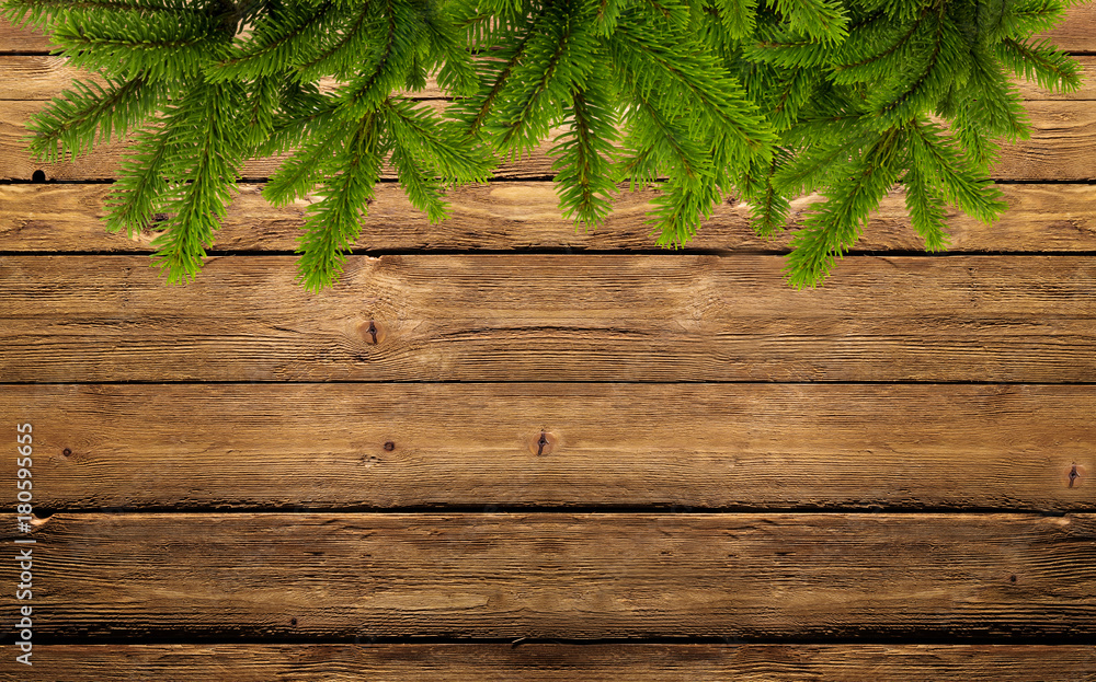 frame of fir branches on wood frame of fir branches on wood