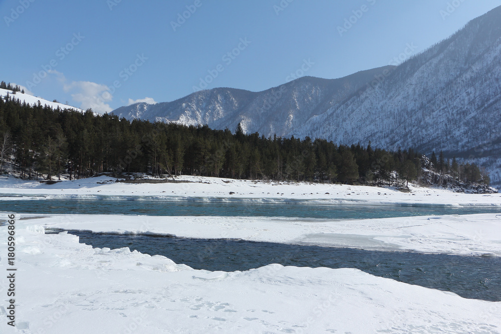 Mouth of the river. Ursul River flows into the Katun River, Altai, Russia