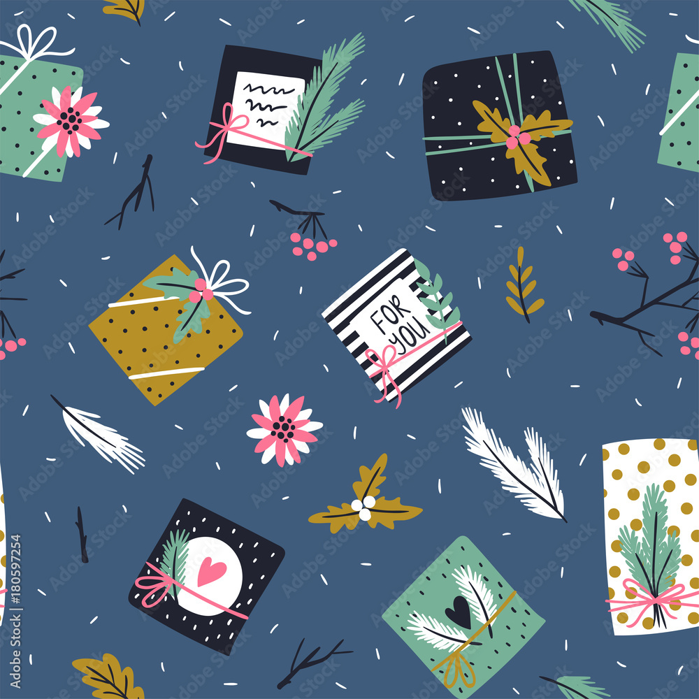 Christmas and New Year background. Seamless pattern with christmas tree, gift boxes and poinsettia. All elements are hidden under mask. Pattern are not cropped and can be edited. Christmas and New Year background. Seamless pattern with christmas tree, gift boxes and poinsettia. All elements are hidden under mask. Pattern are not cropped and can be edited.