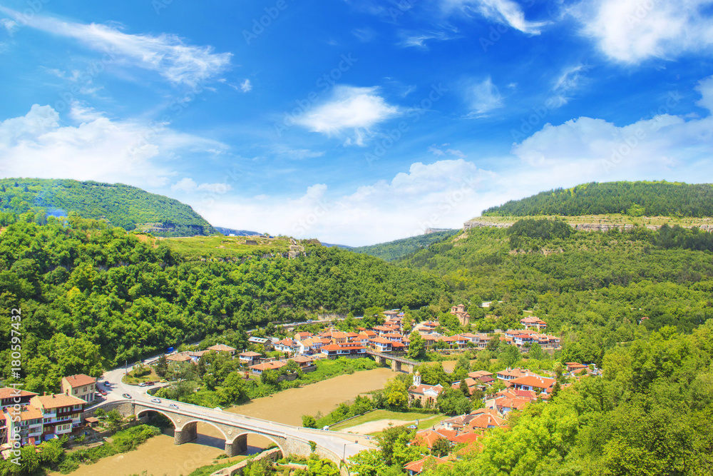 Beautiful view of the ancient fortress Tsarevets in the mountains, in Veliko Tirnovo, Bulgaria