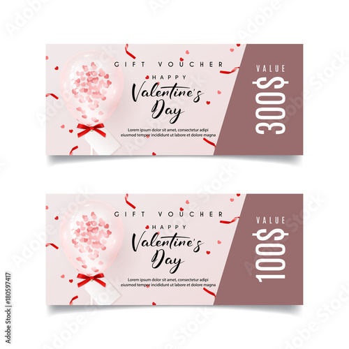 Gift Vocher for Happy Valentine's Day. Design of Coupon Usable for Invitation and Ticket. Greeting Card. Background with Realistic Transparent Pink Air Balloon with Confetti. Vector Illustration. photo