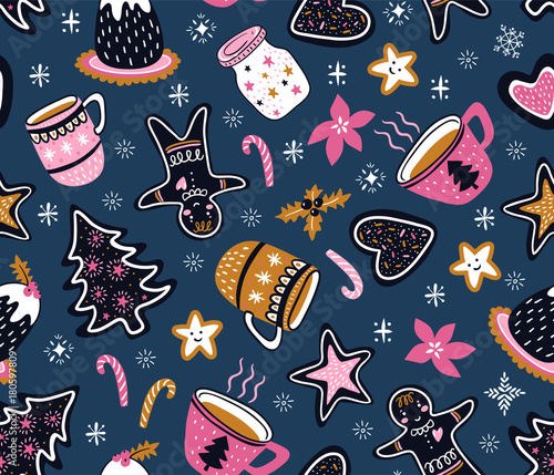 Vector cartoon hand-drawn collection of traditional yummy Christmas desserts, isolated on blue background. Seamless new year pattern.