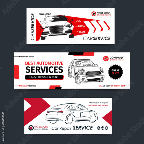 Set of auto repair service banner, poster, flyer. Car service business layout templates. Vector illustration.