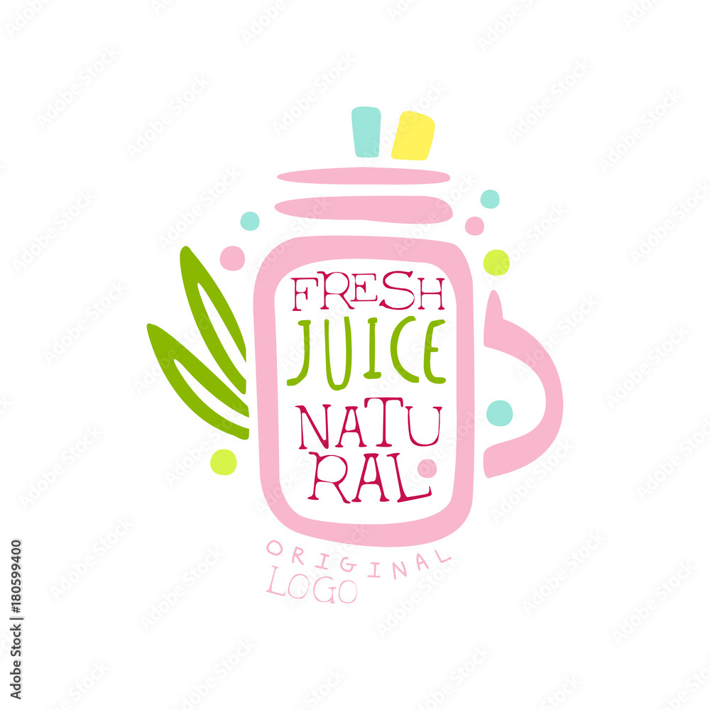 Natural fresh juice logo template, drinks label, eco product badge, menu element, colorful hand drawn vector Illustration