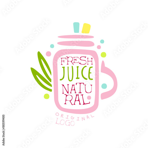 Natural fresh juice logo template, drinks label, eco product badge, menu element, colorful hand drawn vector Illustration