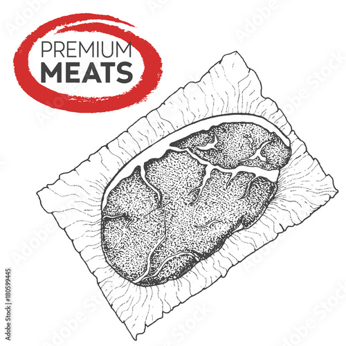 Meat on paper. Sirloin hand drawn vector illustration. Design sketch element.