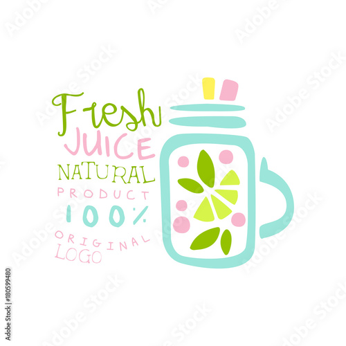 Fresh juice 100 percent natural product logo template, multifruit juice label, eco product element, colorful hand drawn vector Illustration