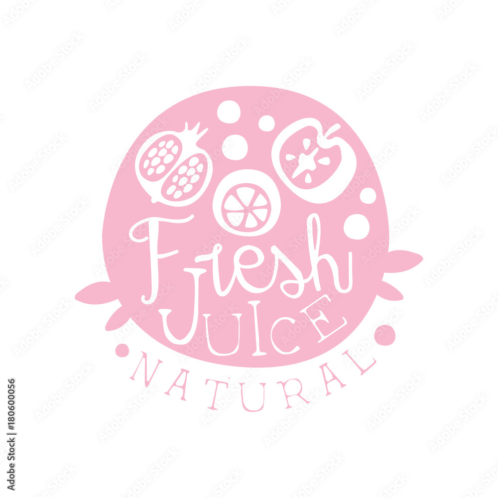 Natural fresh juice logo, drinks label in pink colors, eco product badge, menu element colorful hand drawn vector Illustration Natural fresh juice logo, drinks label in pink colors, eco product badge, menu element colorful hand drawn vector Illustration
