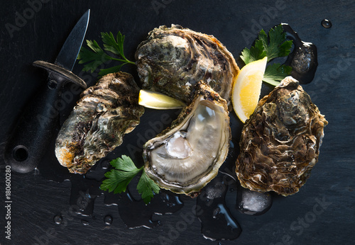 Opened oysters on stone slate plate with lemon and oyster knife photo