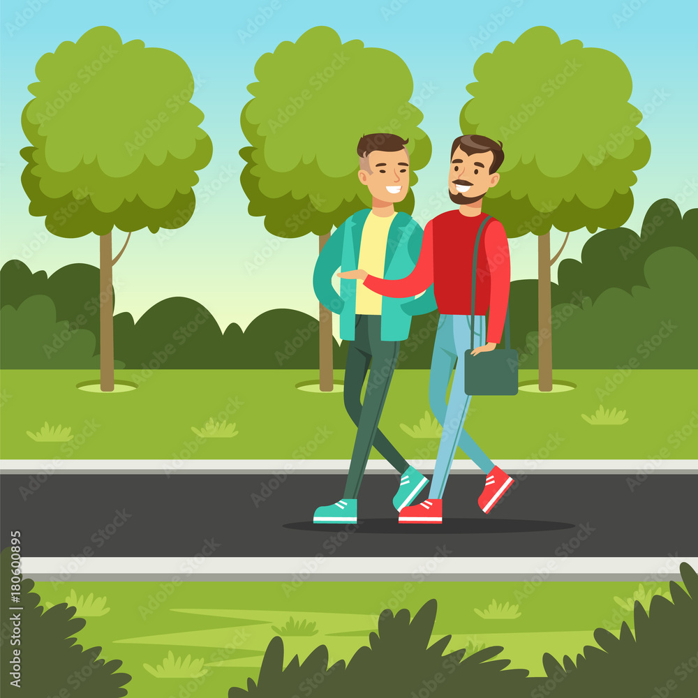 Two male friends talking and smiling while walking in the park, friendship concept vector Illustration