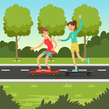 Two happy girlfriends skateboarding in the park, friendship concept vector Illustration