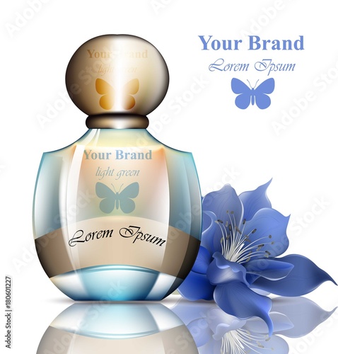 Perfume bottle realistic Vector. Product packaging, butterfly logo for brands, advertise, commercials