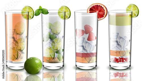 Cocktails set realistic Vector. Drinks fruits mixture. Beverage recipes for menu, pages, layouts