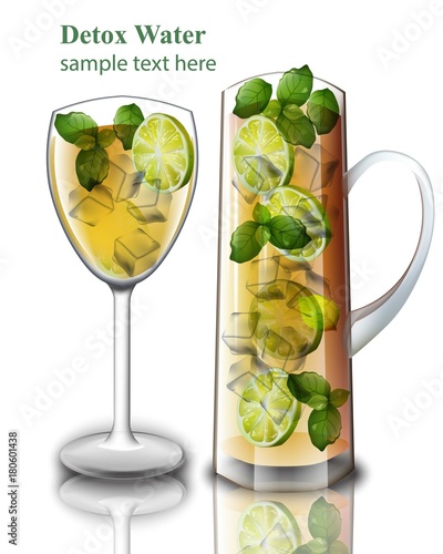 Detox drink realistic Vector illustration. Lemon mix cocktails