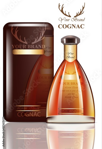 Old Cognac packaging design Vector. Realistic product with brand label. Place...