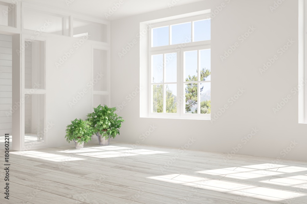 Fototapeta premium White empty room with summer landscape in window. Scandinavian interior design. 3D illustration