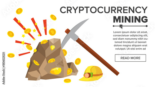 Rock With Gold Coins Vector. Bitcoin Cryptocurrency Concept. Mine, Pick, Helmet. Digging To Get Virtual Coins. Flat Cartoon Illustration