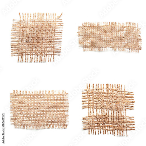 Texture sack background with frayed edges on white background