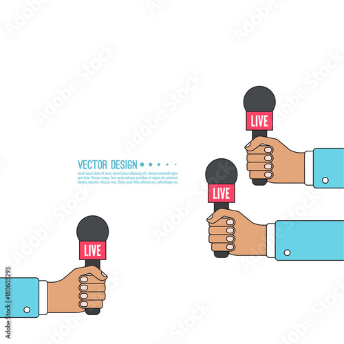 Journalism concept. Live news template with microphone. Symbol breaking news on TV radio. Journalist holding mic. interview, reporter, press, interviewer, media, paparazzi. Vector Linear design