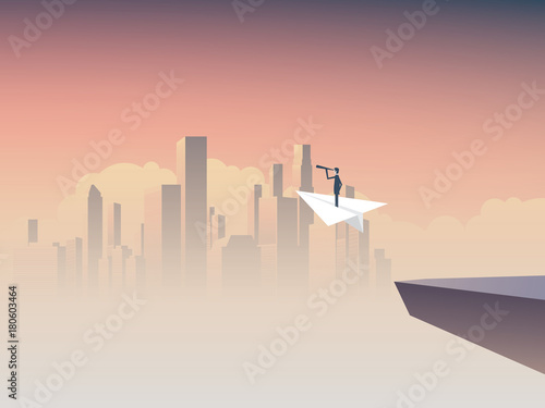 Business visionary flying on paper plane vector concept with cityscape background. Symbol of business vision, strategy, plan, ambition, motivation.
