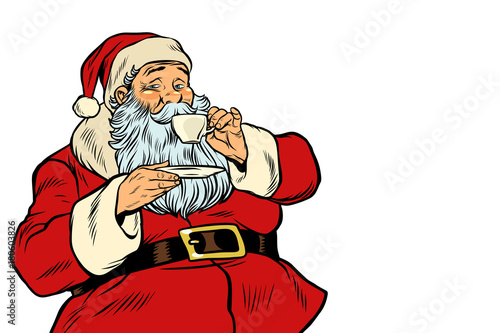 Santa Claus drinking tea or coffee isolated on white background
