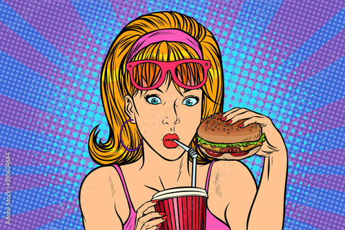 Pop art woman with fast food